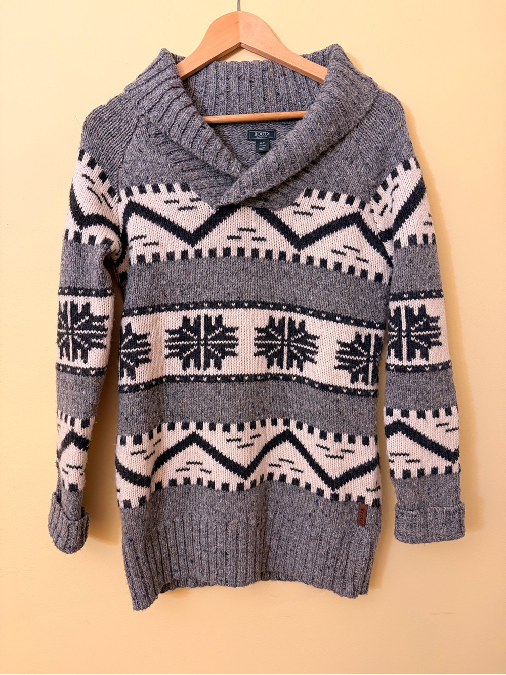 Roots Canada Fair Isle Chunky Knit Shawl Collar Sweater Grey Small